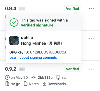 Signed tags appearing distinct on GitHub.